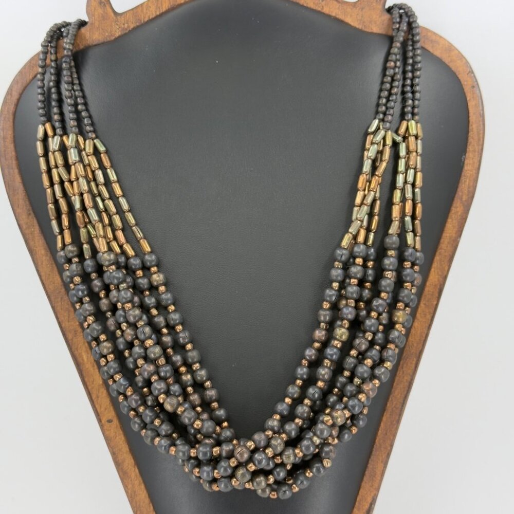 Chunky Multi Strand Metal Bead Necklace Brass Tone Bohemian Statement